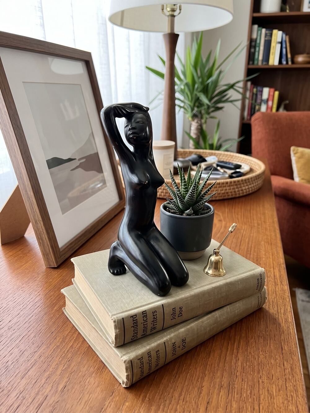 Vintage Black Glazed Ceramic Kneeling Nude Woman Sculpture Figurine Art Deco 7"